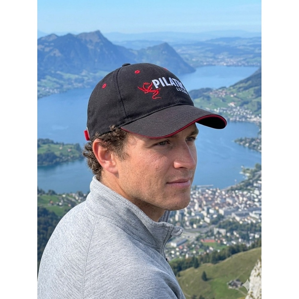 Mount Pilatus Luzern Switzerland Men's OS Black Red Dragon Globus Strapback Hat